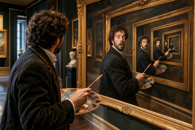 Shocked bearded artist holds a paint palette, staring at an infinite recursive nested painting in...