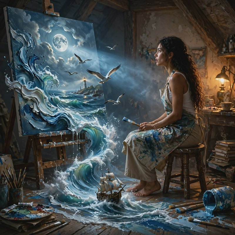 Surreal scene of a female artist watching her seascape painting come alive, waves and seagulls sp...