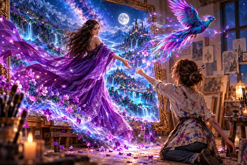 Kneeling female artist reaches for a mystical woman emerging from a glowing fantasy painting in a...