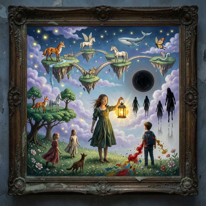 Ornate framed surreal fantasy artwork of a glowing girl with lantern, floating sky islands, magic...