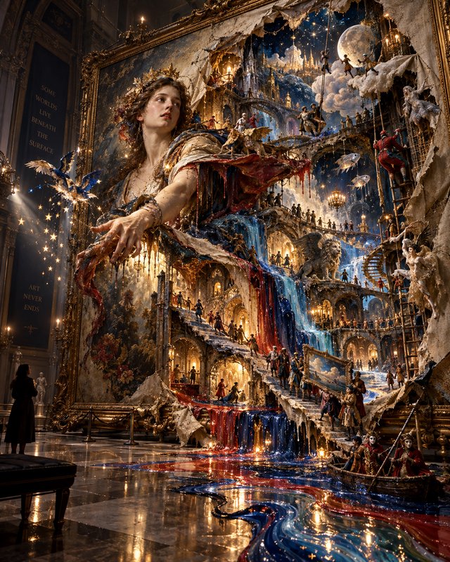 Surreal 3D fantasy artwork where a gilded renaissance painting bursts from its frame into a grand...