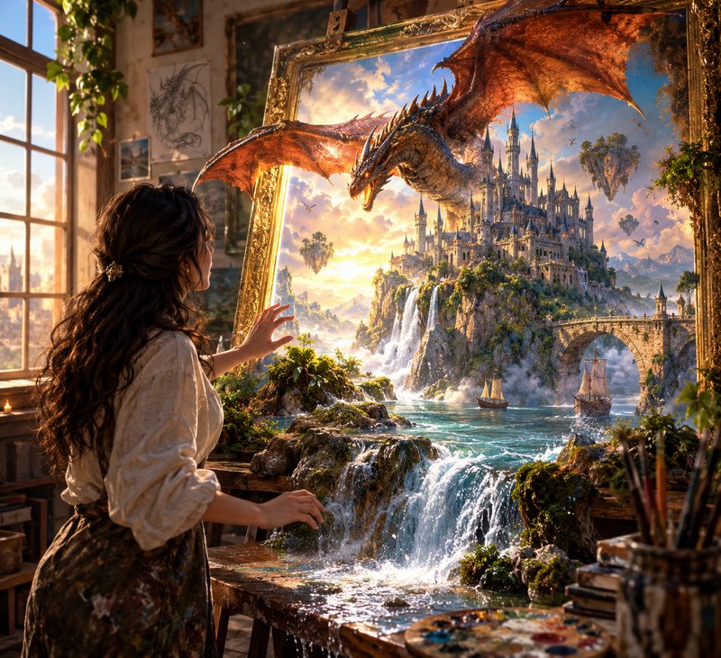 Female artist in a sunlit studio reaches toward a fantasy painting that comes alive with a dragon...
