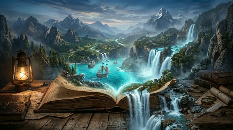 Open ancient book on a wooden table overlooking a surreal valley with waterfalls and distant ships.