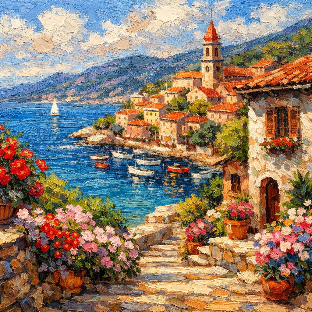 Colorful coastal Mediterranean village painting with red-tiled roofs, blue harbor, and blooming flowers.