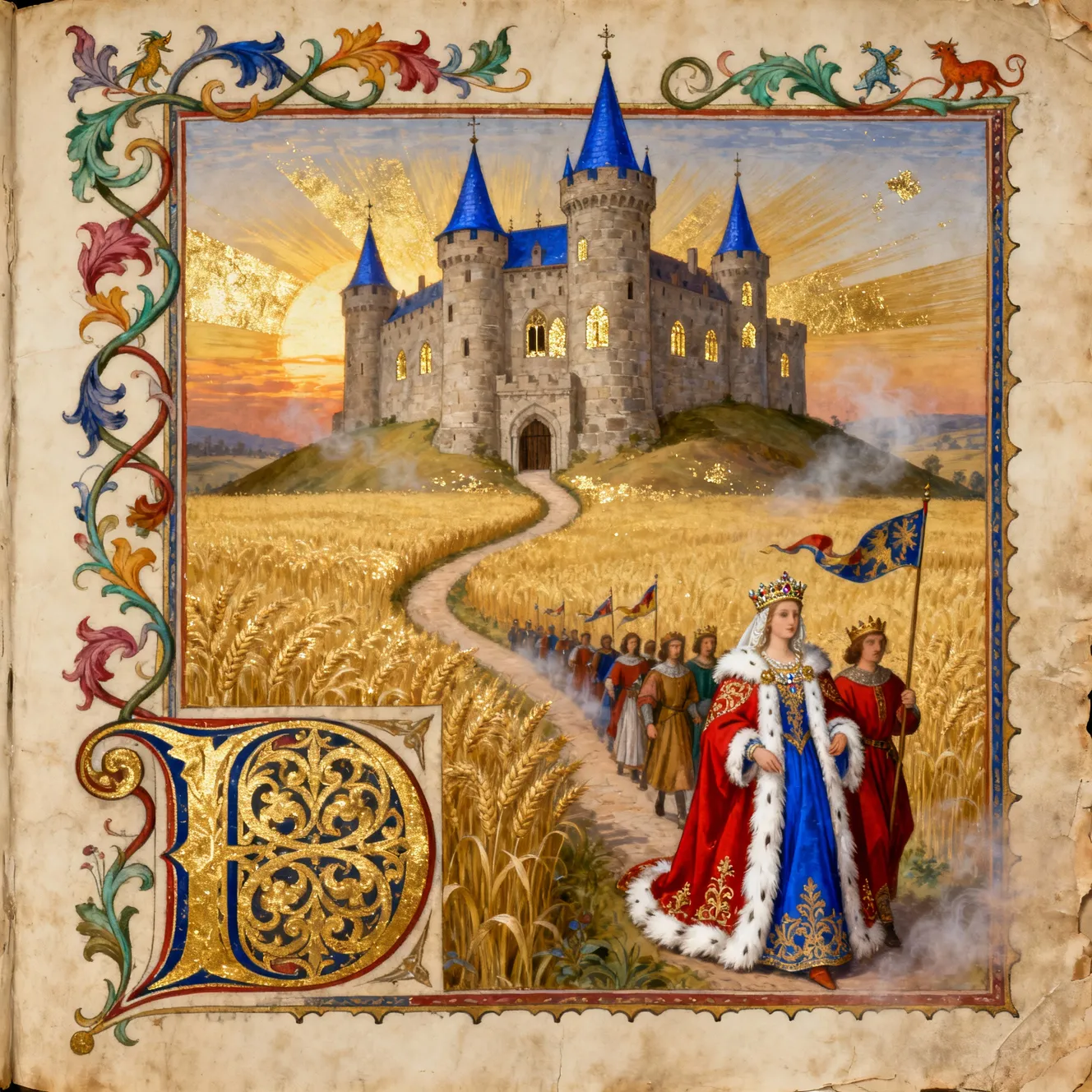 Medieval illuminated manuscript illustration of a castle on a hill with royal procession in a wheat field.