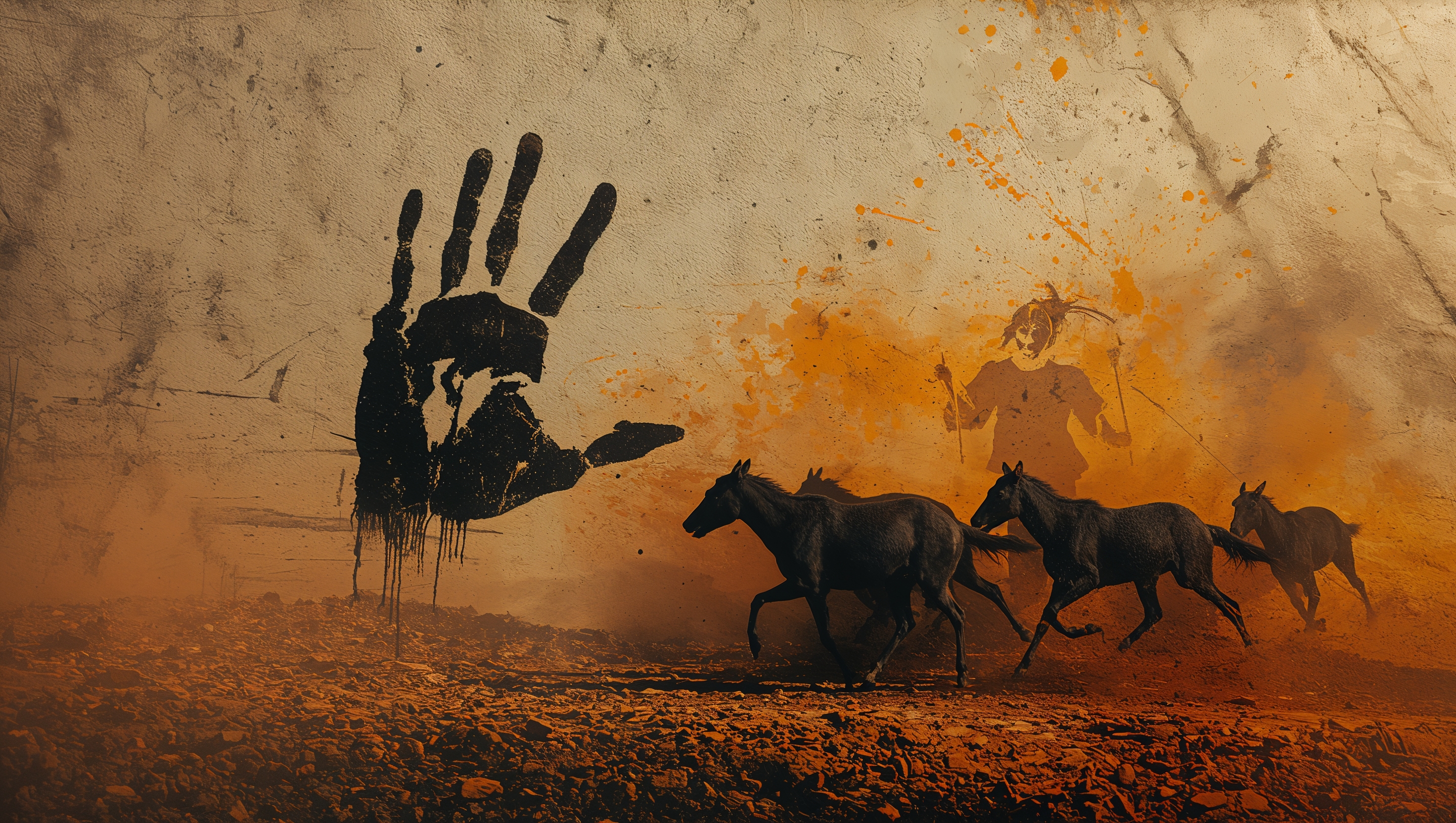 Large black handprint stencil in dusty desert with galloping horses and an orange-hued silhouette.