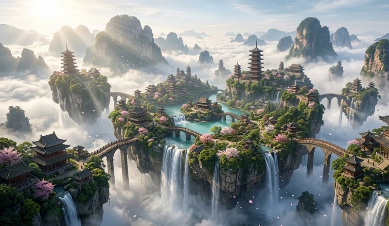 Fantasy Chinese landscape with floating islands, pagodas, and hanging bridges above waterfalls.