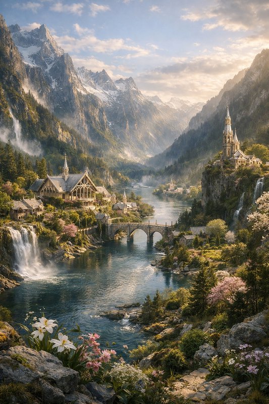 Dreamy mountain valley with a river, stone bridge, village, and castle tower.