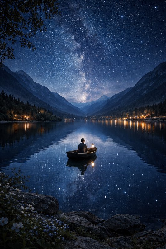 Person rowing a small boat on a calm lake at night under a star-filled sky with the Milky Way.
