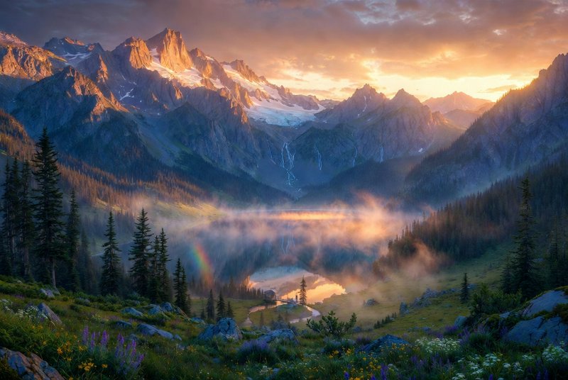 Alpine valley at sunrise with snow-capped jagged peaks, misty lake, rainbow, and foreground wildflowers and evergreens.