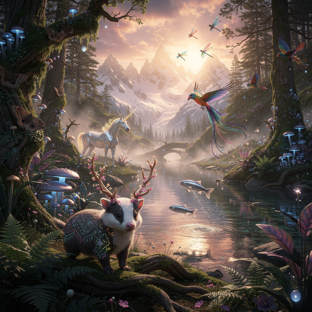 Magical forest at sunset with a glittering deer-like creature, a white unicorn, colorful parrots, and fish in a calm river.