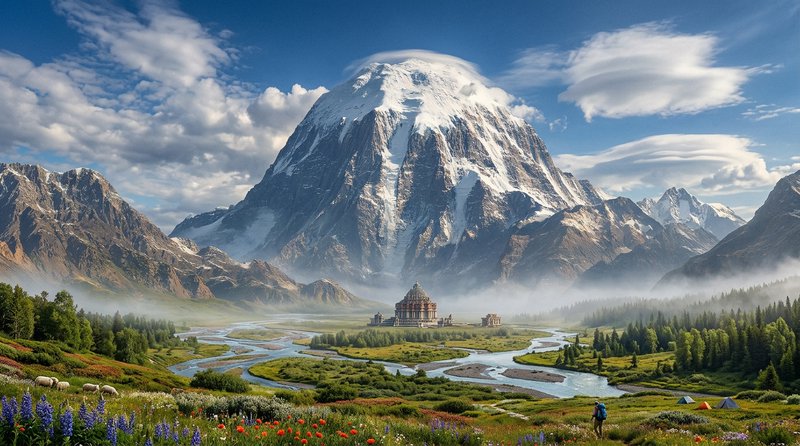 Snow-capped mountain with a river valley, temple, colorful fields, and a hiker in a lush valley.