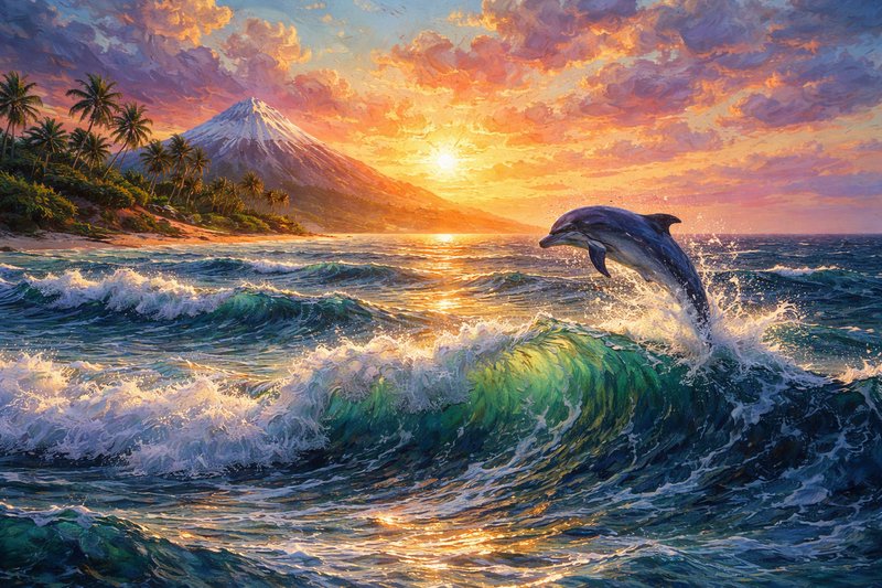 Dolphin leaping over turquoise waves at sunset with palm trees and a distant mountain.