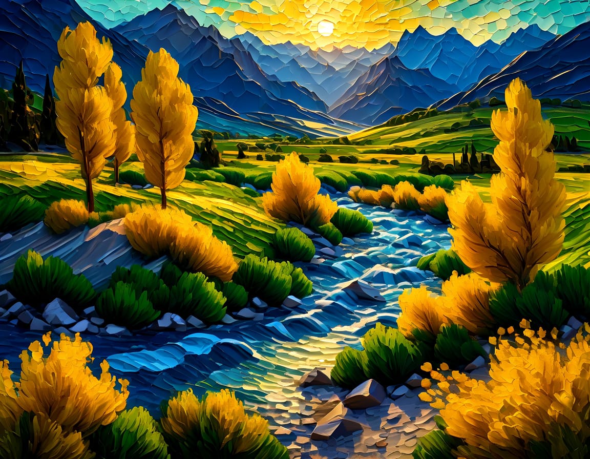 Vibrant, abstract landscape with a winding river, yellow trees, greens hills, and blue mountains under a bright sun.