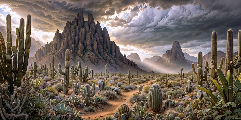Desert landscape with towering cacti and jagged mountains under a dramatic cloudy sky.