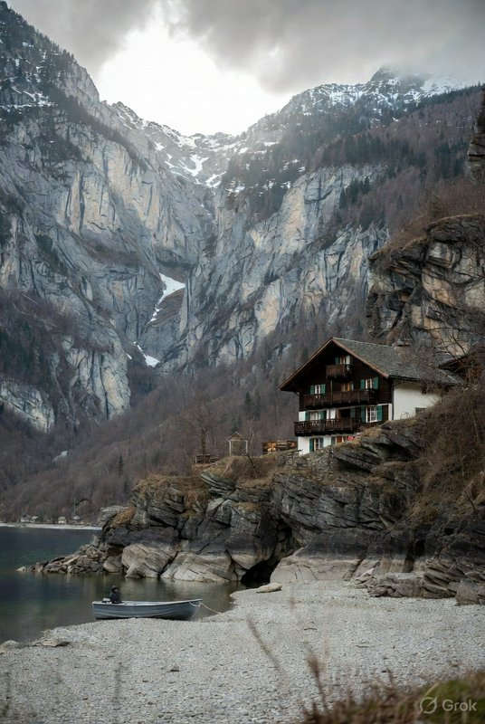 Wooden alpine chalet perched on rocky shore beside a calm lake with towering snowy mountains.