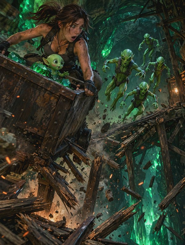 Dynamic action shot: female explorer clings to failing mine cart, fleeing charging green goblins ...