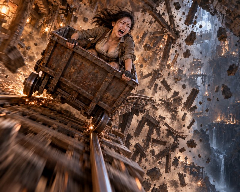 Terrified female adventurer clutches a tipping speeding mine cart as an underground mine complex collapses around her