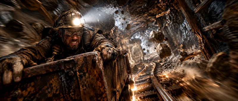 Miner with lit headlamp clings to a speeding mine cart as an underground tunnel collapses with flying rock debris around him.