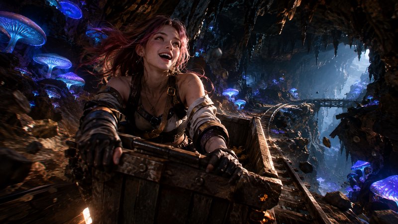 Excited pink-haired female explorer rides a speeding mine cart through a glowing bioluminescent m...