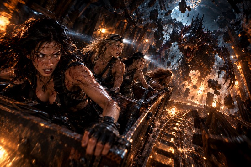 Four rugged female explorers cling to a speeding runaway mine cart, fleeing a snarling monster as...