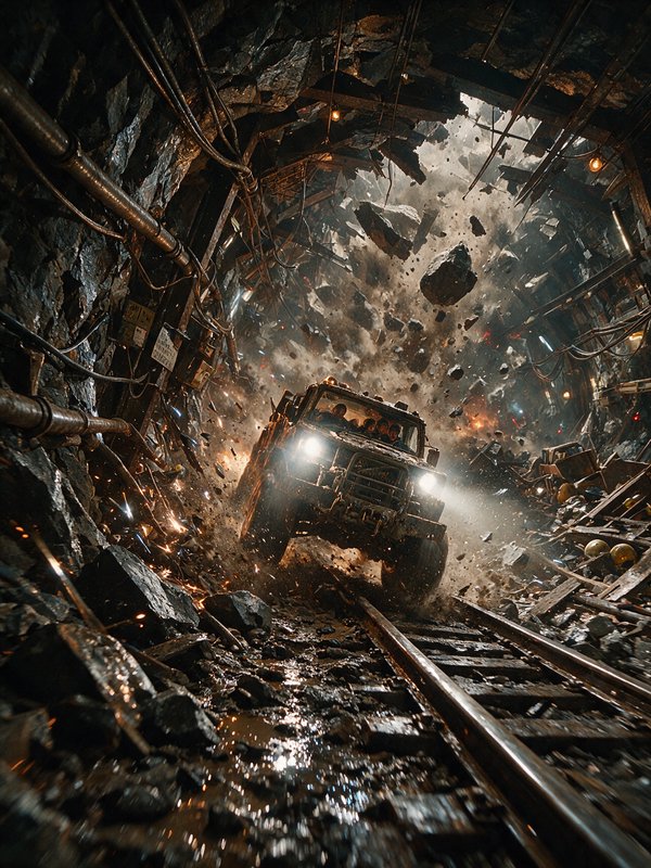 Rugged utility truck escapes a collapsing underground mine tunnel, as falling rocks and debris ra...