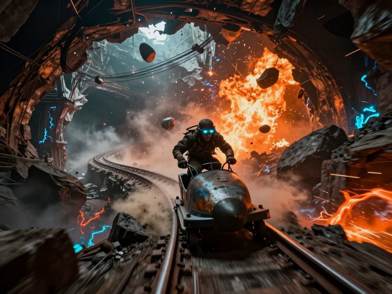 Helmeted futuristic rider on a speeding rail cart escapes an exploding, collapsing underground tu...