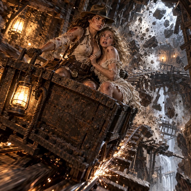 Two women ride a runaway wooden ore cart fleeing a collapsing mine as flying debris and sparks surround them.