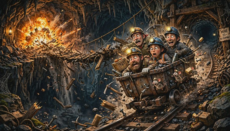 Panicked cartoon miners and tiny mine mice ride a runaway ore cart fleeing a TNT explosion in an underground mine.