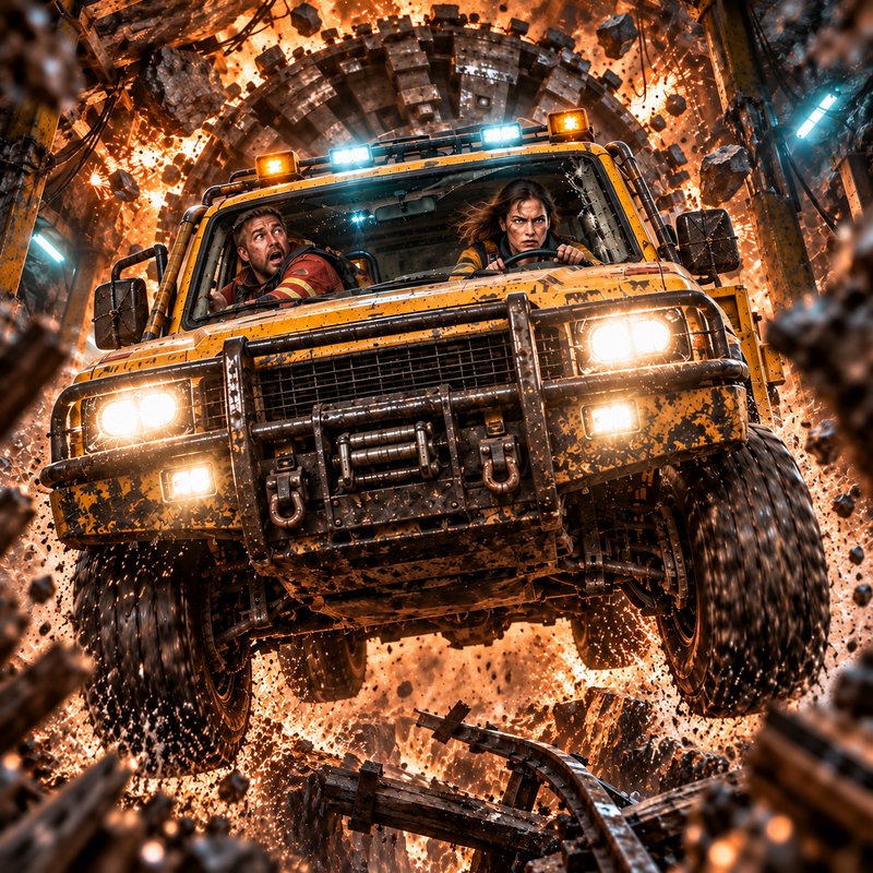Rugged yellow off-road rescue truck leaps airborne as a mine tunnel explodes and collapses around its two occupants