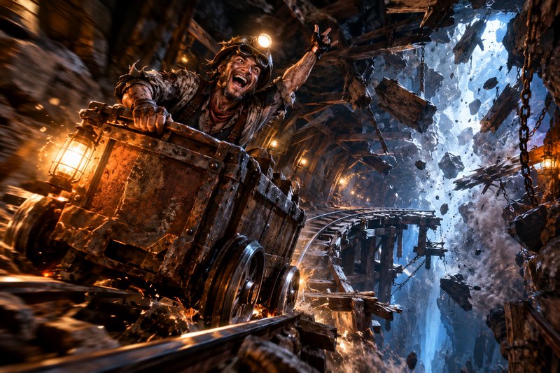 Exhilarated bearded miner rides a speeding runaway mine cart as the underground mine tunnel collapses behind him