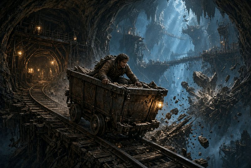Rugged miner clings to a speeding lantern-lit ore cart fleeing a collapsing vast underground mine...