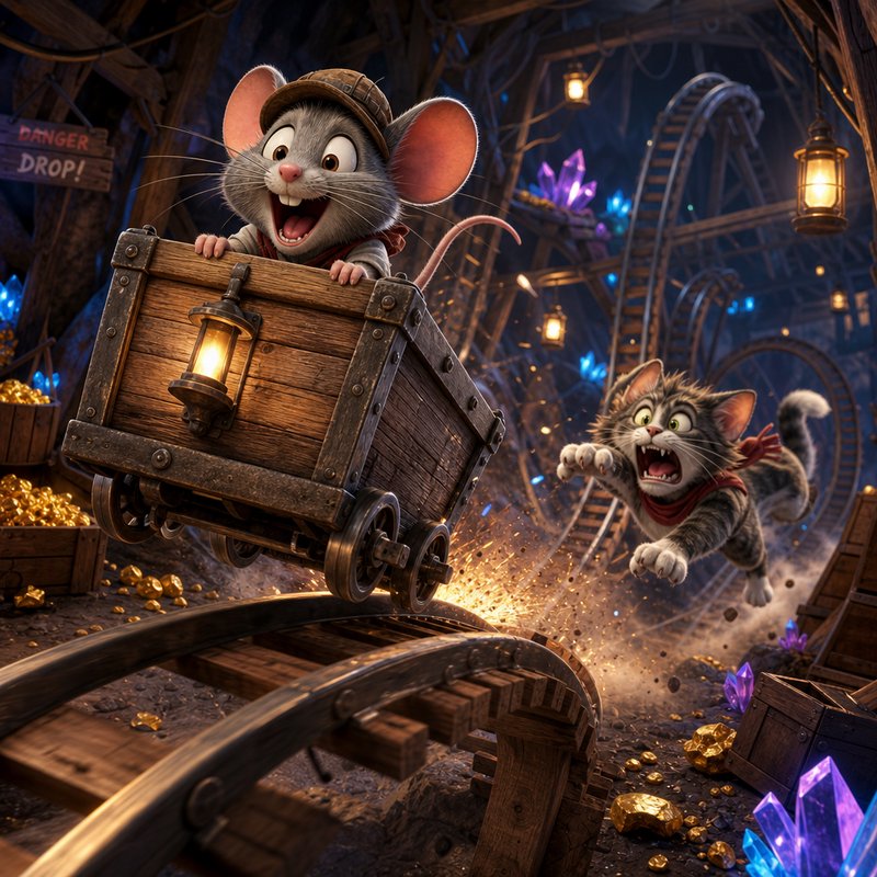 Grinning cartoon miner mouse rides a mid-air mine cart as a panicked tabby cat chases him through...