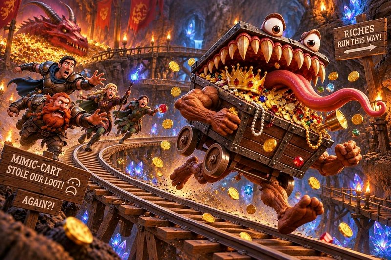 Panicked fantasy adventurers chase a cart-shaped treasure chest mimic stealing loot along mine tr...