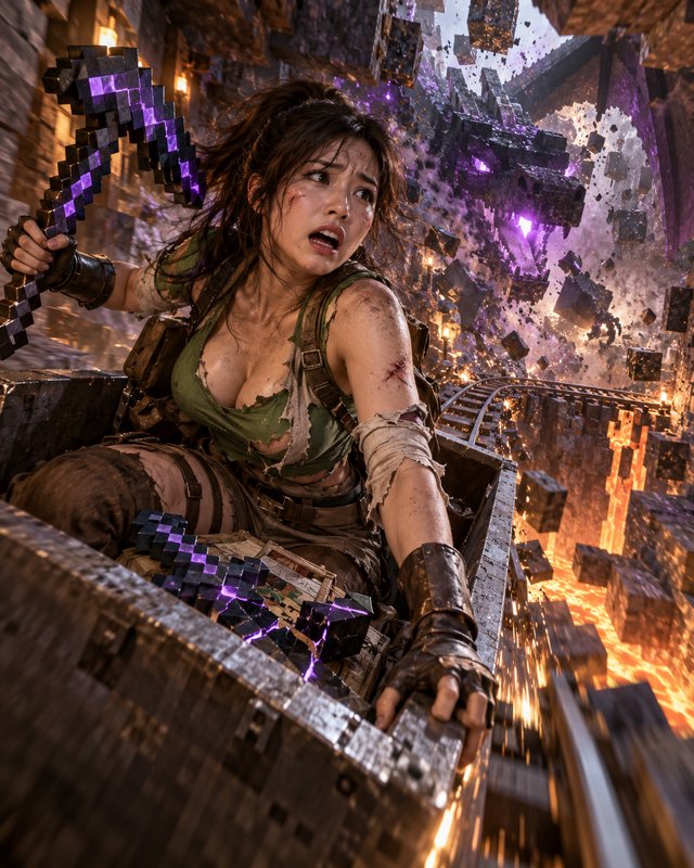 Distressed female adventurer holds enchanted pixel pickaxe, riding a speeding mine cart fleeing a blocky Ender Dragon