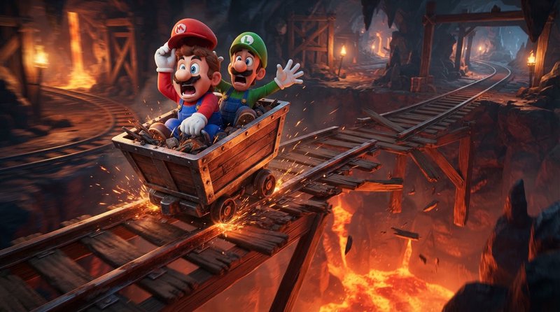 Terrified Mario and Luigi ride a speeding mine cart over broken tracks above glowing lava in an u...