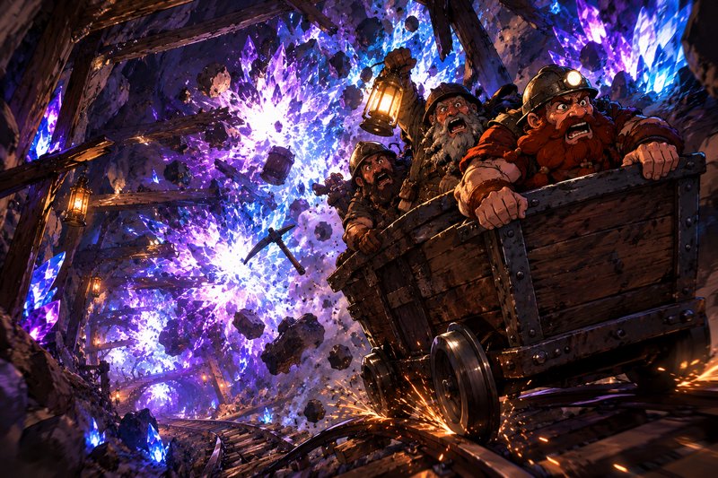 Panicked dwarf miners ride a runaway mine cart fleeing a glowing purple crystal explosion in a fa...