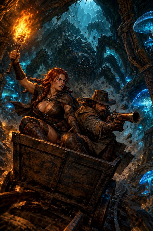 Two fantasy adventurers in a wooden mine cart flee a giant cave spider inside a glowing biolumine...