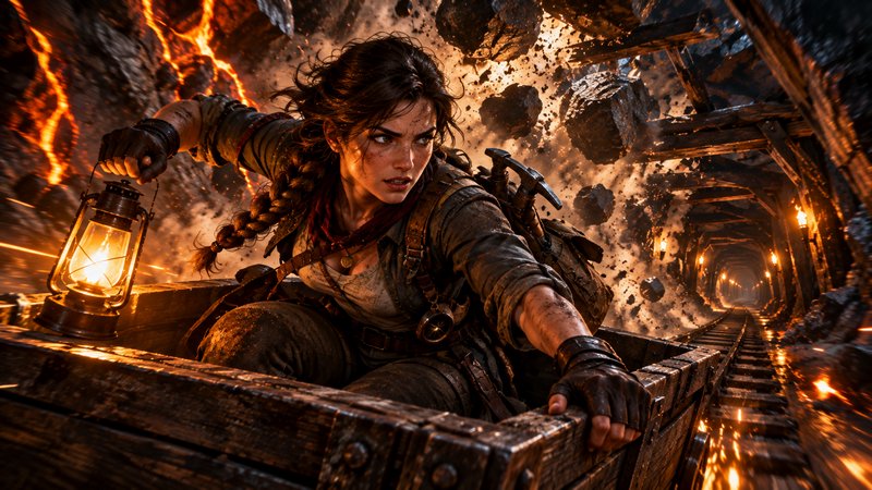 Braided female adventurer holds a lit lantern while escaping a collapsing, exploding mine in a speeding wooden rail cart.