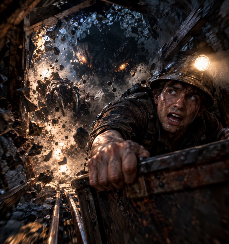 Terrified miner grips a speeding mine cart as a glowing-eyed rock monster bursts through a collap...
