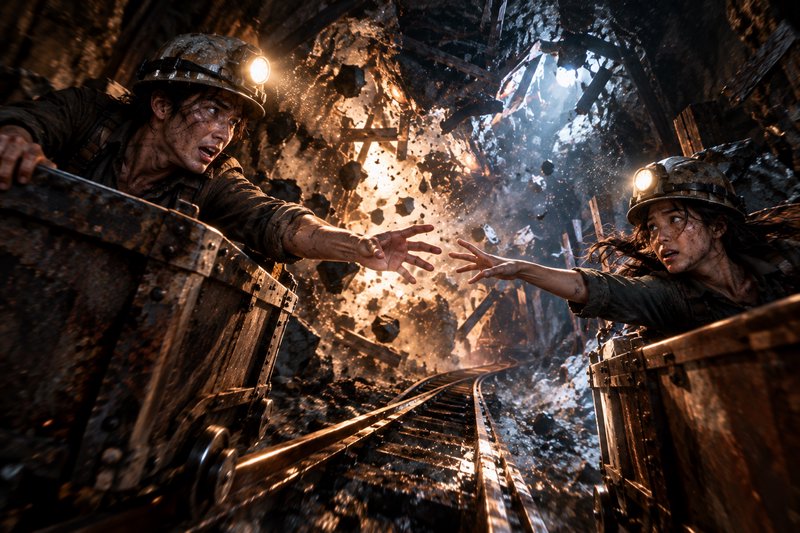 Two helmeted miners reach for each other from separate mine carts as an underground tunnel collap...