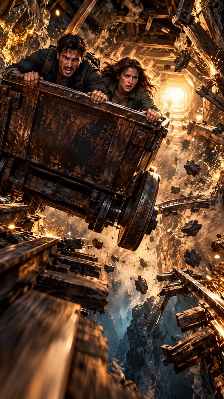 Two desperate explorers cling to a speeding rusted mining cart as an underground mine tunnel collapses around them