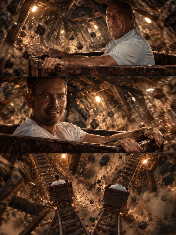 Triptych action scene of Dwayne Johnson and Paul Walker riding separate runaway mine carts throug...