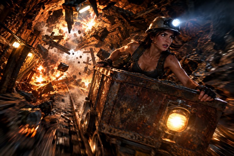 Female adventurer with lit miner helmet clings to speeding ore cart escaping an exploding, collapsing underground mine