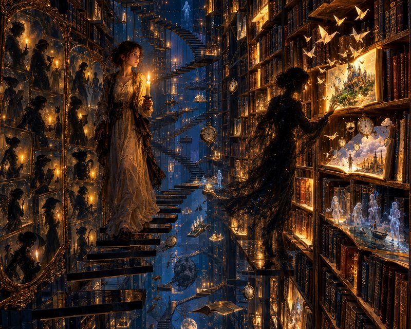 Woman holding a lit candle stands on floating stairs inside a sprawling magical infinite library