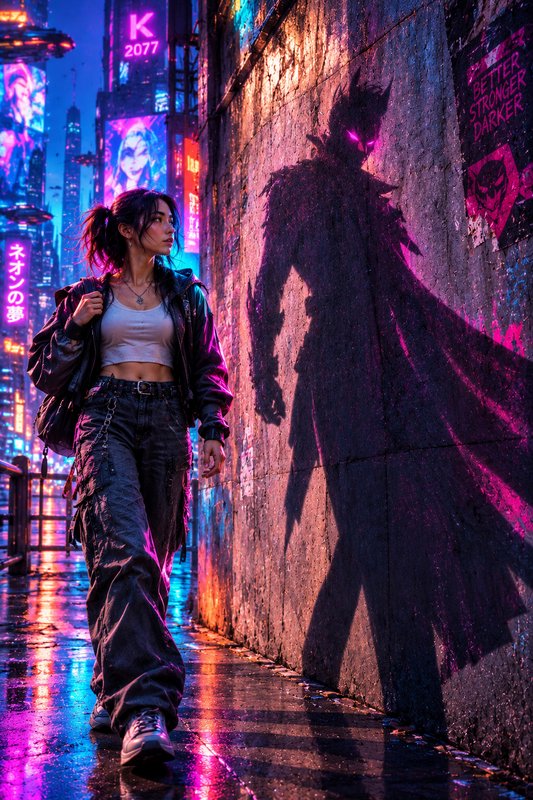Young woman walks a rain-slick cyberpunk alley beside a wall with a glowing-eyed caped vigilante ...