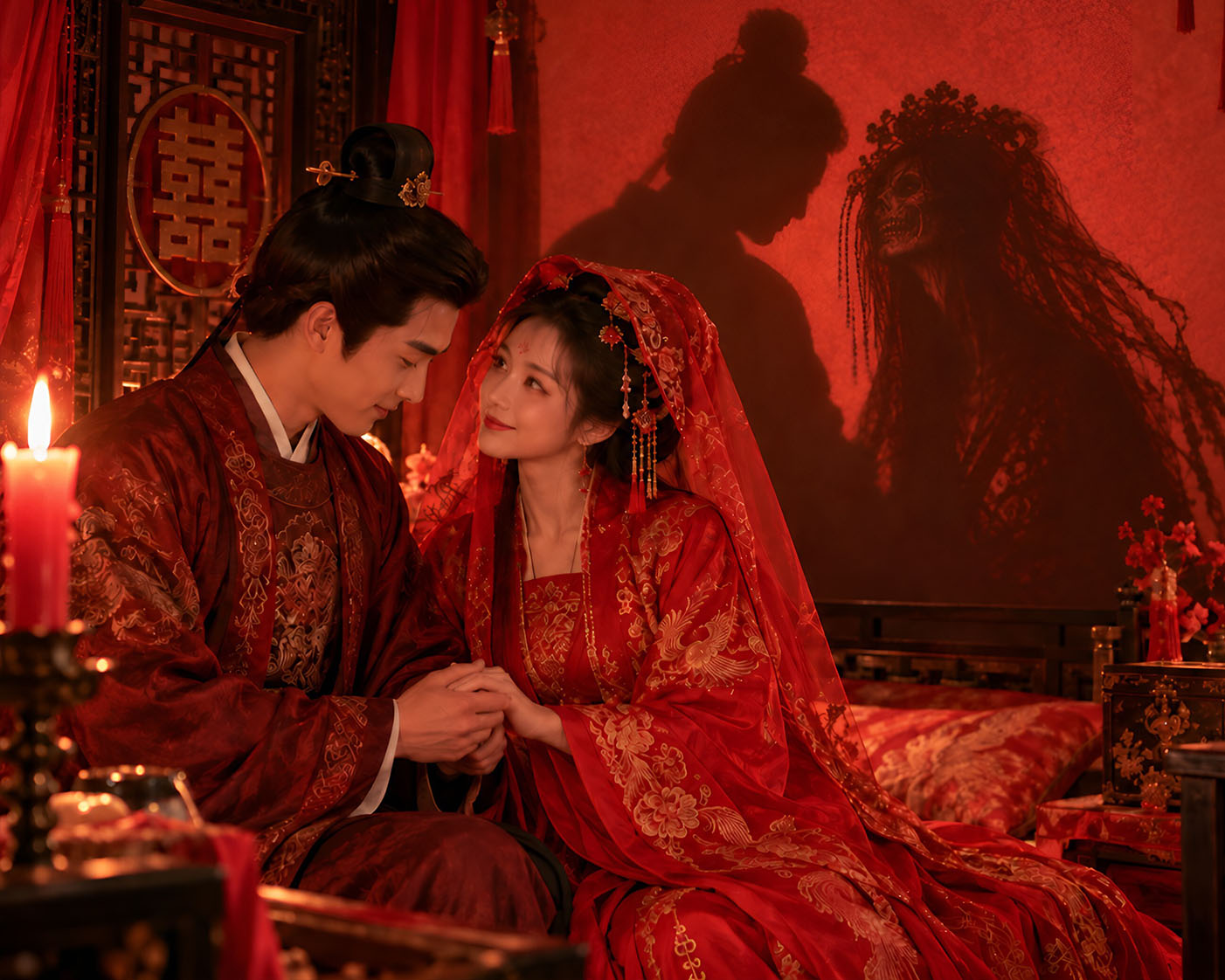 Loving couple in traditional Chinese wedding robes sit together as a spooky skeletal bride shadow looms on the wall behind