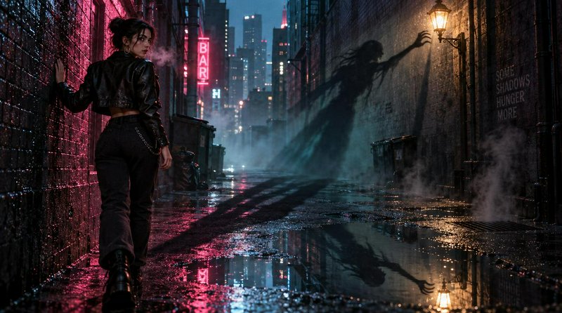 Young woman glances back as a menacing shadow creature looms in a wet neon city alley at night