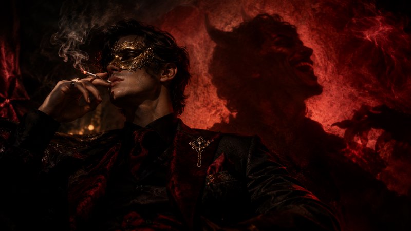 Masked man with a gold masquerade mask smokes as a horned devil shadow appears on the red wall be...