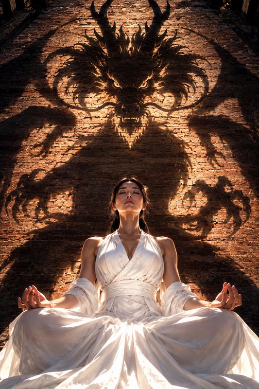 Woman meditating in lotus pose as a fierce oriental dragon shadow looms behind her on a brick wall